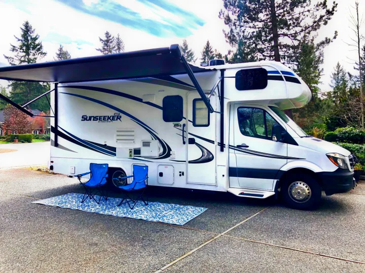 24'11" of camping fun! Awning with LED lights, camp chairs, and outside speakers!. Forest River Sunseeker MBS 2019