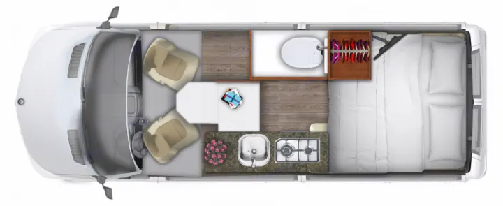Top-down view of an RV rental interior floor plan, showing driver's seats, dining area, kitchen, bathroom, and. Roadtrek Ssagile 2014
