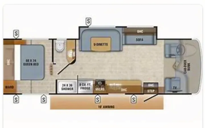 RV rental floor plan showing a queen bed, U-dinette, kitchen, and sofa layout. Ideal for planning your next trip.. Jayco Redhawk 2020