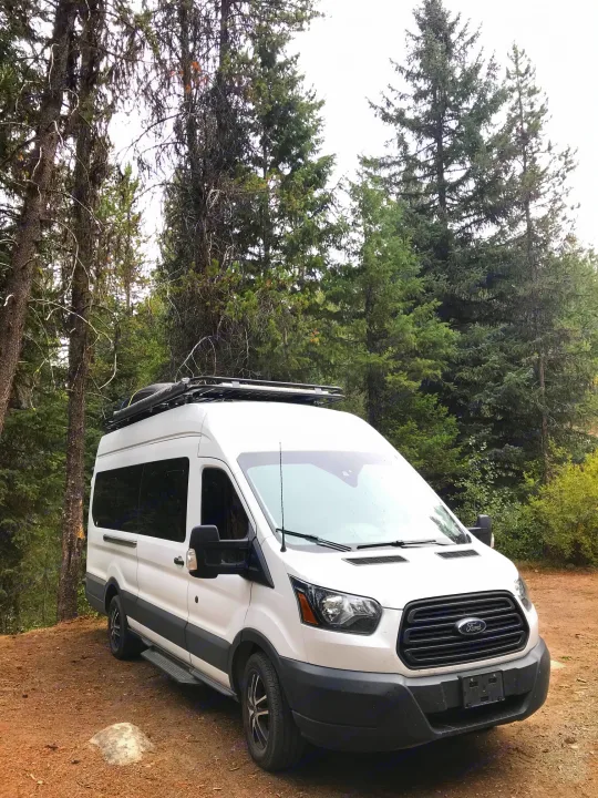 White Ford Transit RV rental van, perfect for forest camping & outdoor adventures.. Ford Transit Custom 2015