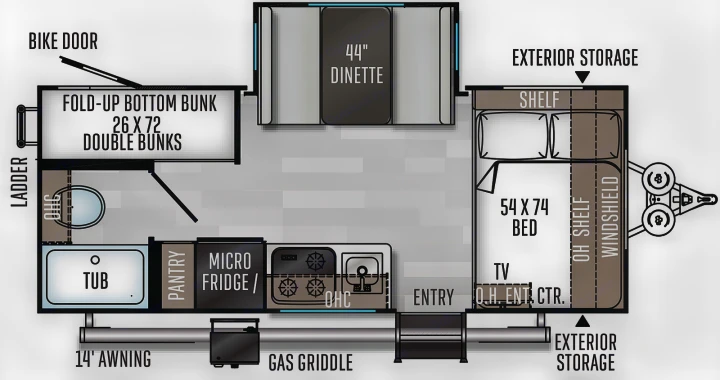 RV rental floor plan shows 54x74 bed, 26x72 bunks, 44" dinette, kitchen, bath, and bike door for adventure travel.. Forest River Rockwood Geo Pro 2021