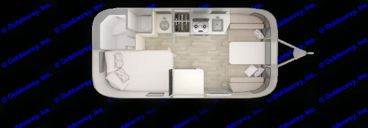 Explore this rv rental floor plan: a compact travel trailer with a bed, kitchen, bathroom, and convertible dinette for travel.. Airstream Bambi 2021