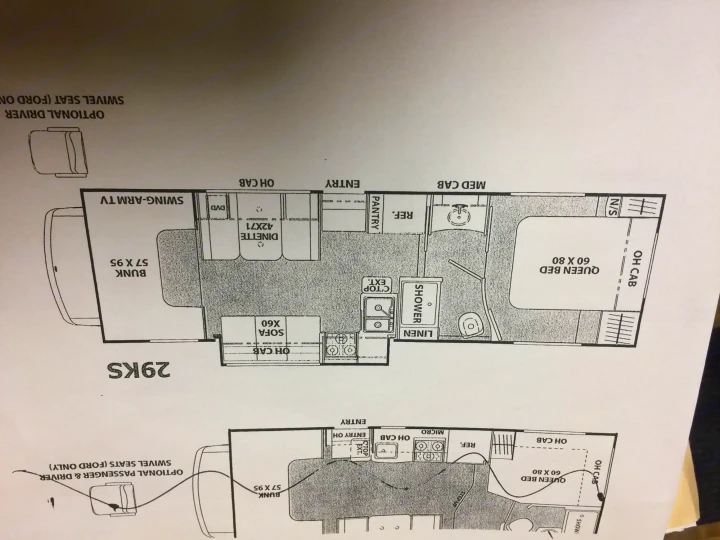 RV rental motorhome floor plans (29KS) show interior layout: queen bed, bunks, kitchen, bath, and living areas.. Coachmen Freelander 2014