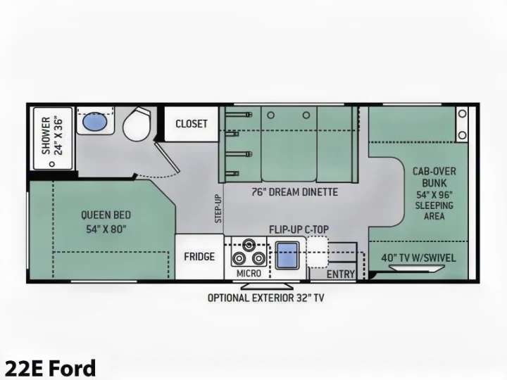 RV rental 22E Ford floor plan: detailed layout including queen bed, shower, dinette, kitchen, and cab-over bunk.. Thor Chateau 2019