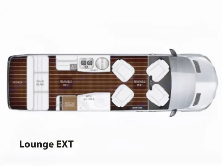 RV rental: Detailed floor plan of a camper van, showing a rear lounge, mid-ship galley/bath, and front captain's chairs.. Airstream Interstate 2019
