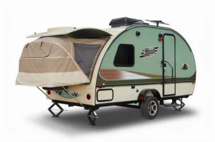 This light green and beige R-Pod travel trailer, ideal for rv rental, shows its unique rear pop-out tent extension.. Other Other 2016