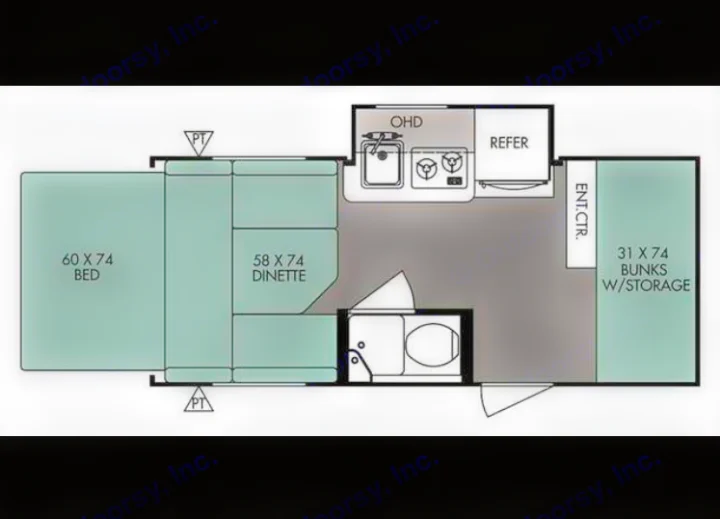 RV rental floor plan: Bed, dinette, kitchen, bath, and bunks with storage. See the full interior layout.. Other Other 2016