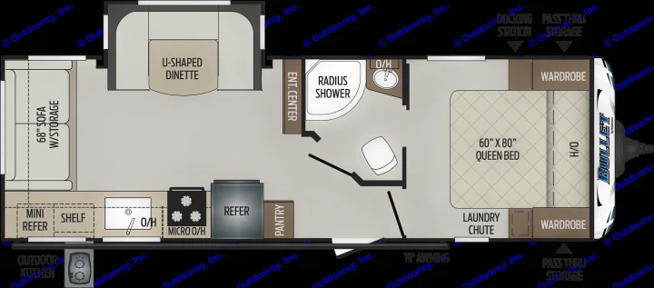 This RV rental floor plan shows a spacious travel trailer interior with living, kitchen, bath, and bedroom areas. Great for camping.. Keystone Bullet 2021
