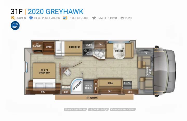 Detailed floor plan of a 2020 Greyhawk RV, ideal for an rv rental, featuring a queen bed, bunk beds, kitchen, and bath.. Jayco Greyhawk 2019