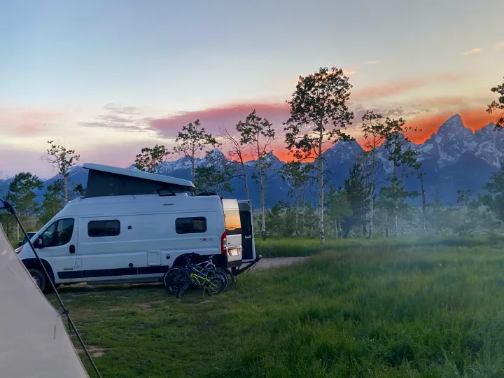 Wild camping in the Tetons. Winnebago Solis 2021