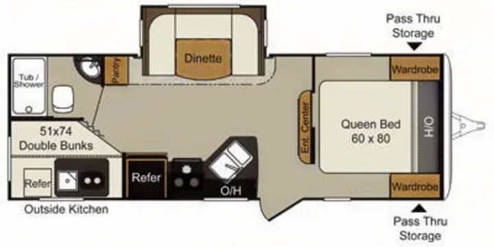 RV rental floor plan featuring a queen bed, double bunks, dinette, kitchen, bath, and storage areas.. Keystone Passport 2016