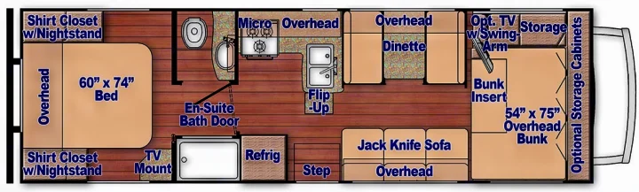 This RV rental floor plan details a main bed, en-suite bath, kitchen, dinette, sofa, and overhead bunk for spacious living.. Other Other 2009