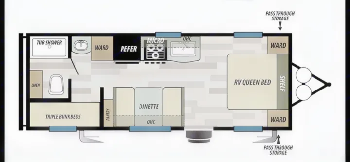 Detailed RV rental floor plan: queen bed, triple bunks, kitchen, dinette, bath, & ample storage for travel.. Forest River Evo 2019