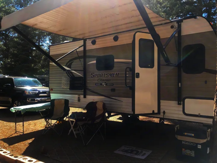 The awning will keep you cool and outdoor LED lights keep the party going!. K-Z Manufacturing Sportsman Classic 2017