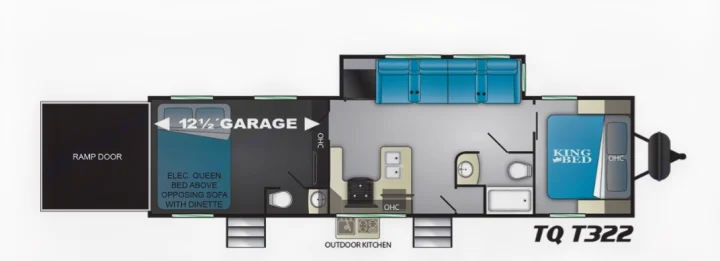 RV rental toy hauler floor plan, showing a 12.5' garage, living areas, kitchen, and two bathrooms.. Other Other 2019