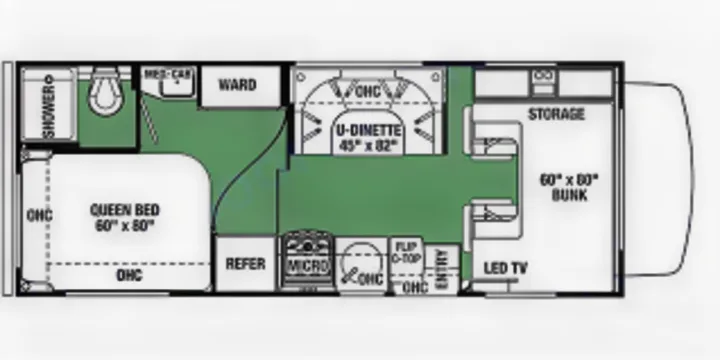 This RV rental floorplan shows a queen bed (60x80), U-dinette, 60x80 bunk, and full bathroom. See the layout.. Forest River Forester 2018