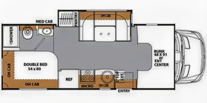 RV rental interior floor plan detailing bedroom, kitchen, bath, and bunk areas for comfortable travel.. Coachmen Prism 2150LE 2013