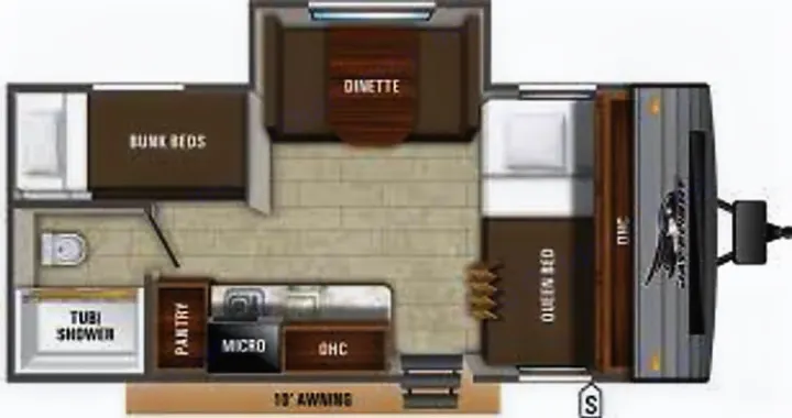 RV rental travel trailer floor plan, detailing bunk beds, queen bed, dinette, kitchen, and bath layout.. Jayco Jay Flight 2019
