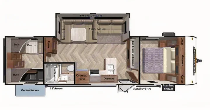 RV rental floor plan: spacious layout with master suite, bunks, kitchen, bath, living area, and outside kitchen.. Forest River Wildwood 2021