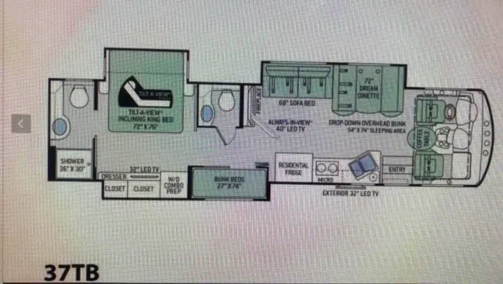 This RV rental floor plan details a spacious interior, featuring multiple beds, a kitchen, and a bathroom layout.. Thor Motor Coach Challenger 2018