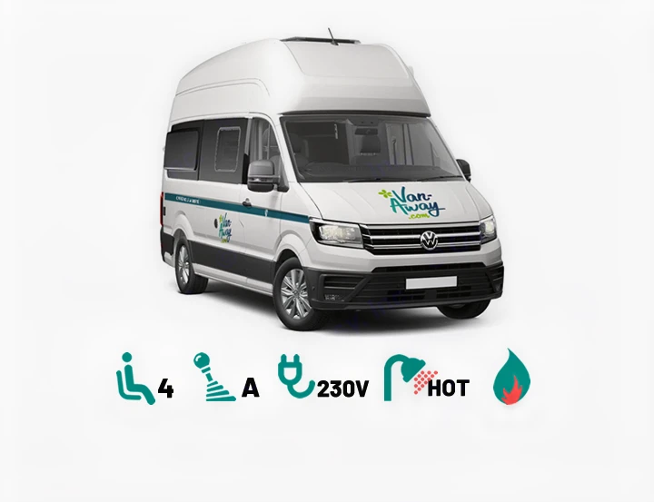 RV rental: A white Van-Away campervan featuring 4 seats, automatic transmission, 230V power, hot shower, and heating.. Volkswagen Grand California 600 2024