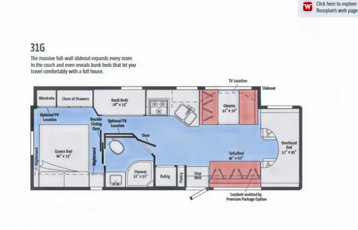 An RV rental floorplan (31G) illustrates a motorhome's interior layout, including a queen bed, bunk beds, kitchen, and dinette.. Winnebago Winnebago Spirit 2017
