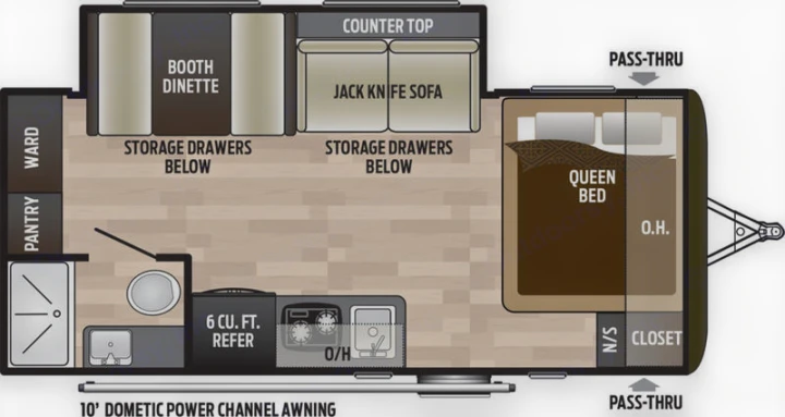 Detailed RV rental floorplan: Queen bed, kitchen, bath, dinette, sofa, and ample storage for comfortable travel.. Keystone Hideout 2019