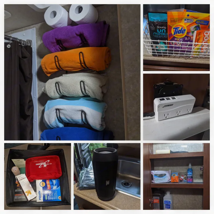 RV rental organization: towels, laundry, first aid, and personal care supplies neatly stored for an efficient and comfortable journey.. Tioga Ranger 2011