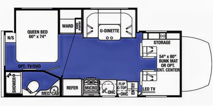 This RV rental floorplan shows a queen bed, U-dinette, kitchen, bath, storage, and a bunk area for family adventures.. Forest River Sunseeker 2018