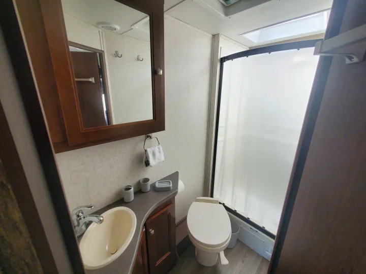 RV rental bathroom featuring a sink, mirror, toilet, and frosted shower stall. Compact and practical for travel.. Forest River Sunseeker 2018