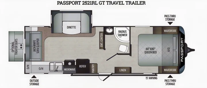 RV rental floor plan: Passport 2521RL GT travel trailer interior layout with queen bed, dinette, and sofa.. Keystone Passport 2020