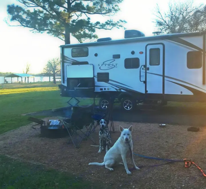 Lakeside RV rental campsite with our furry friends! White dog & Dalmatian by the campfire, ready for fun.. Coachmen Spirit Of America 2019