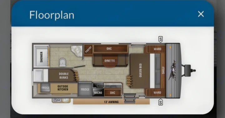 Jay Flight RV rental floorplan: A spacious travel trailer layout with queen bed, bunks, full kitchen, and bath.. Jayco Jay Flight 2021