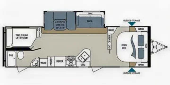 Detailed RV rental floor plan showing a king bed, dinette, sofa, kitchen, bath, and triple bunks with storage.. Dutchmen Aerolite 2015