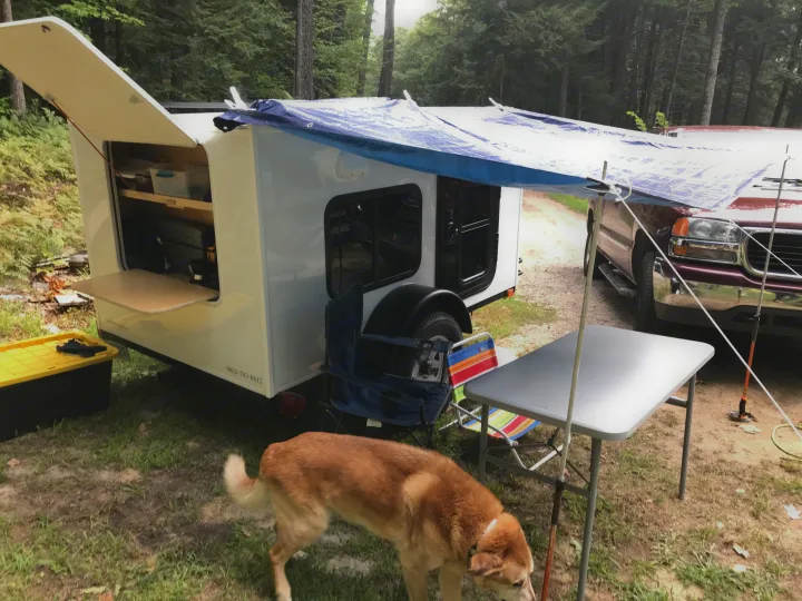 Camping with an RV rental: a teardrop trailer with an open galley, awning, and dog at a rustic site.. Other Other 2020