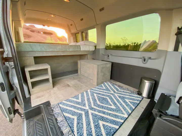 Lots of interior space! Optional 3 person bench seat can be installed behind the two front seats to accommodate up to 5 people. . Ford Transit Camper Van 2017