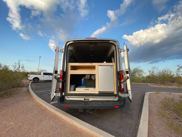 Large rear accessible fridge and plenty of storage for your trip. . Ford Transit Camper Van 2017