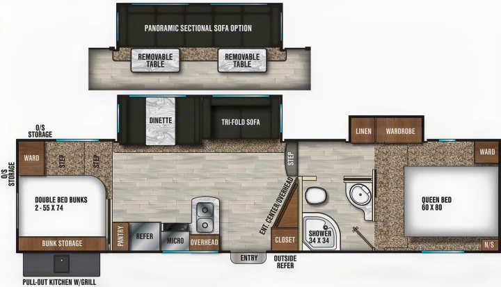 Explore this detailed RV rental floor plan, showcasing a spacious interior with kitchen, bath, queen bed, bunks, and seating options.. Coachmen Chaparral 2018