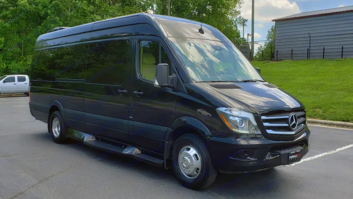 Black Mercedes-Benz Sprinter van for RV rental. This sleek, modern passenger van is great for travel & adventures.. Mercedes-Benz Sprinter 2015