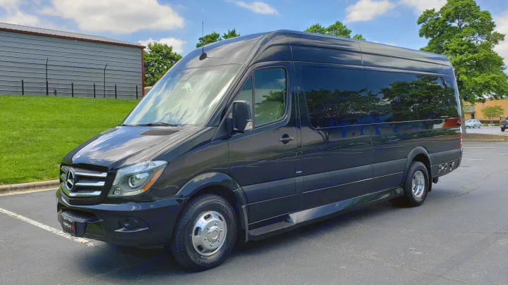 Black Mercedes-Benz Sprinter van for RV rental. Enjoy luxury travel with this spacious vehicle.. Mercedes-Benz Sprinter 2015