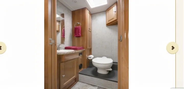 This RV rental's compact bathroom features a vanity with sink, mirror, toilet, and wood cabinetry.. Thor 28A 2019