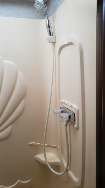 Compact cream-colored shower in an RV rental, featuring a handheld showerhead, clear water controls, and molded shell design.. Winnebago Sightseer 2007