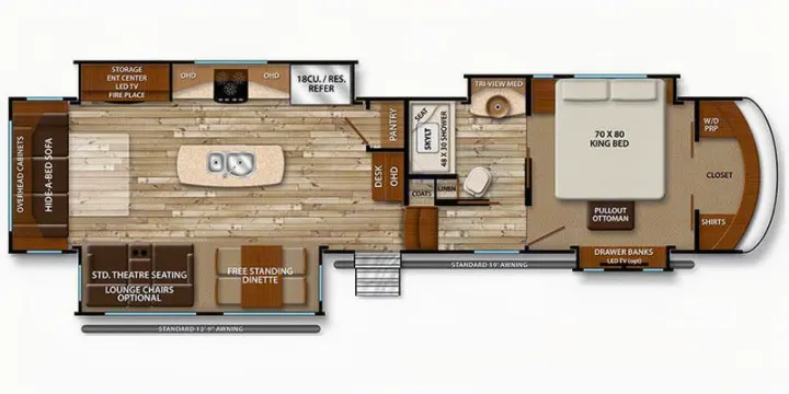 This RV rental floor plan details a spacious interior with a king bed, full kitchen, bath, and living area. Ideal for your next adventure.. Grand Design Solitude 2016