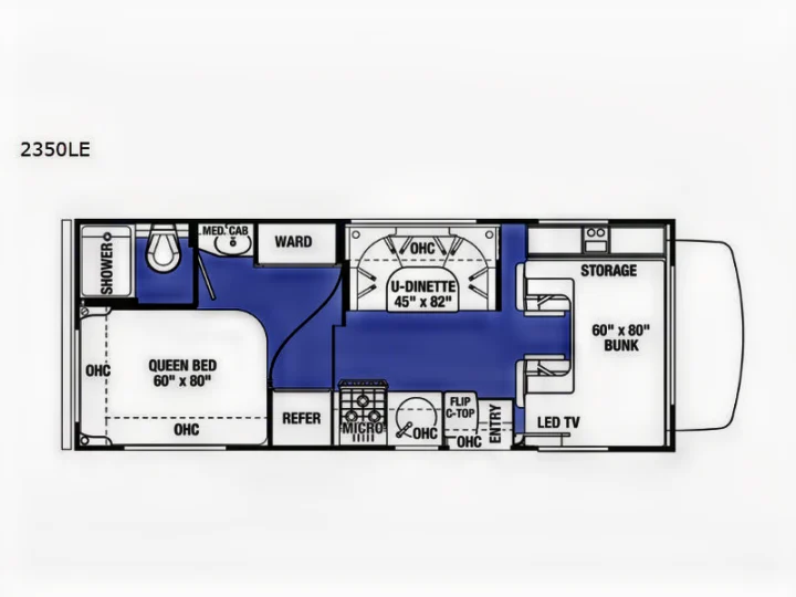 2350LE RV rental floor plan layout: queen bed, bunks, U-dinette, kitchen, and bathroom. Visualize your next road trip interior.. Forest River sunseeker LE 2350 2020