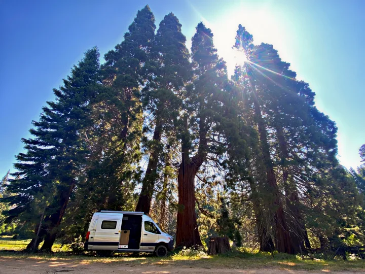White RV rental parked beneath towering forest trees, sun rays filtering through. Ideal for nature adventures & camping.. Winnebago Revel 2020