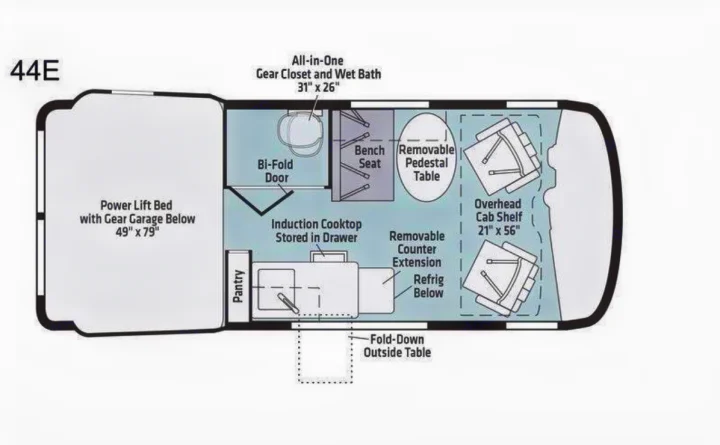 RV rental 44E floor plan: Power lift bed, wet bath, kitchen, dining area, & storage. Perfect for compact adventures.. Winnebago Revel 2021