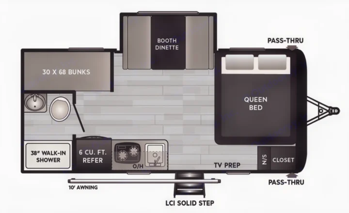 RV rental floor plan showing queen bed, bunks, dinette, kitchen, bathroom with 38" shower, and a 10' awning.. Keystone Hideout 2021