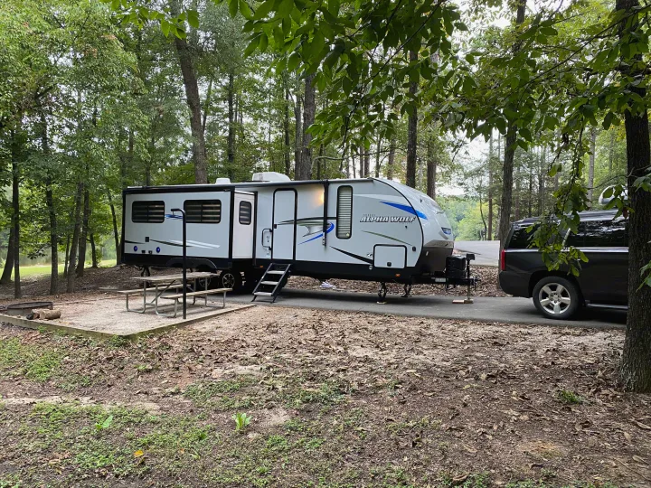Enjoying an RV rental at a lakeside campsite with a travel trailer, picnic table, and fire pit nestled in the woods.. Forest River Cherokee Alpha Wolf 2021