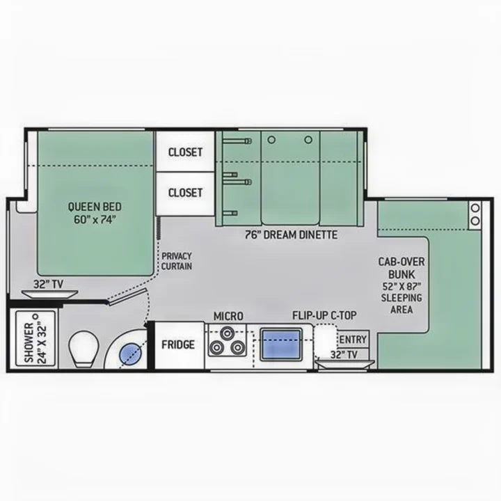 Detailed RV rental floor plan: queen bed, cab-over bunk, dinette, kitchen, and bathroom layout. Perfect for trips.. Thor Motor Coach Chateau 2020