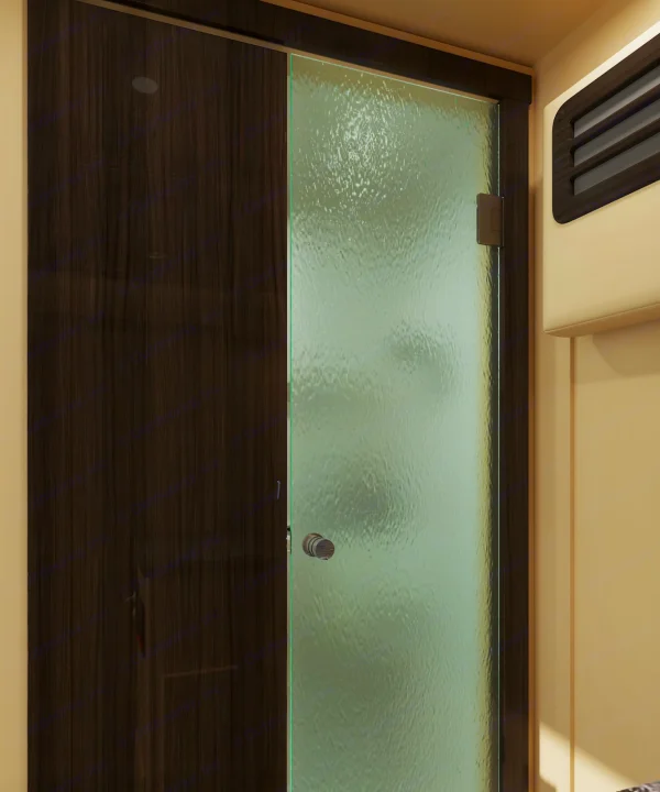 RV rental interior: Dark wood closet door next to a textured glass shower door with an AC vent on the right.. Ultimate Toys Ultimate RV 2021